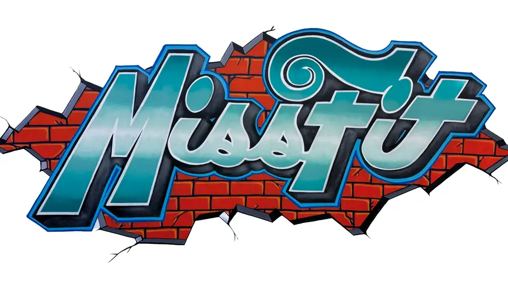 Murale de style graffiti de MissFit Montréal, en turquoise et gris sur un fond de mur de briques.